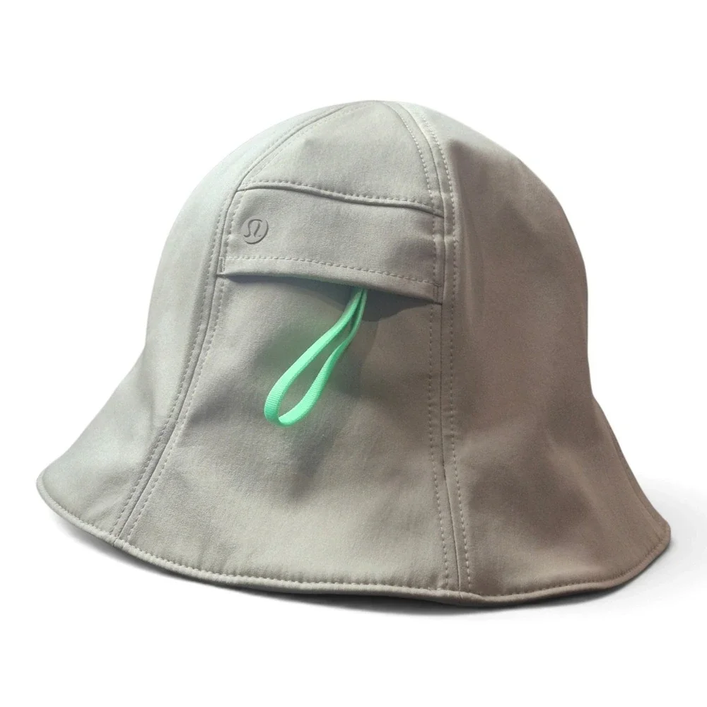 Lululemon Packable Bucket Hat M/L Beige Khaki Wide Brim Pocket Green Loop